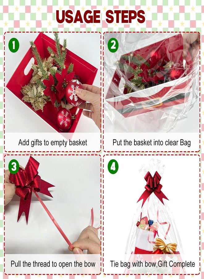 CODOHI 30 Pcs 10 Pack Christmas Baskets for Gifts Empty 8.5" x 10" with Xmas Pull Bows Clear Present Bags, Red Santa Claus Belt Empty Gift Baskets Kit To Fill for Winter Christmas Holiday Party Favors - Image 4